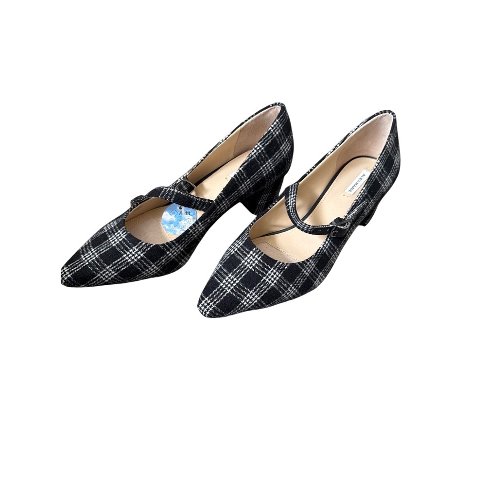 Alex Marie Plaid Mary Jane Heels Black White Pointed Toe Womens 8.5